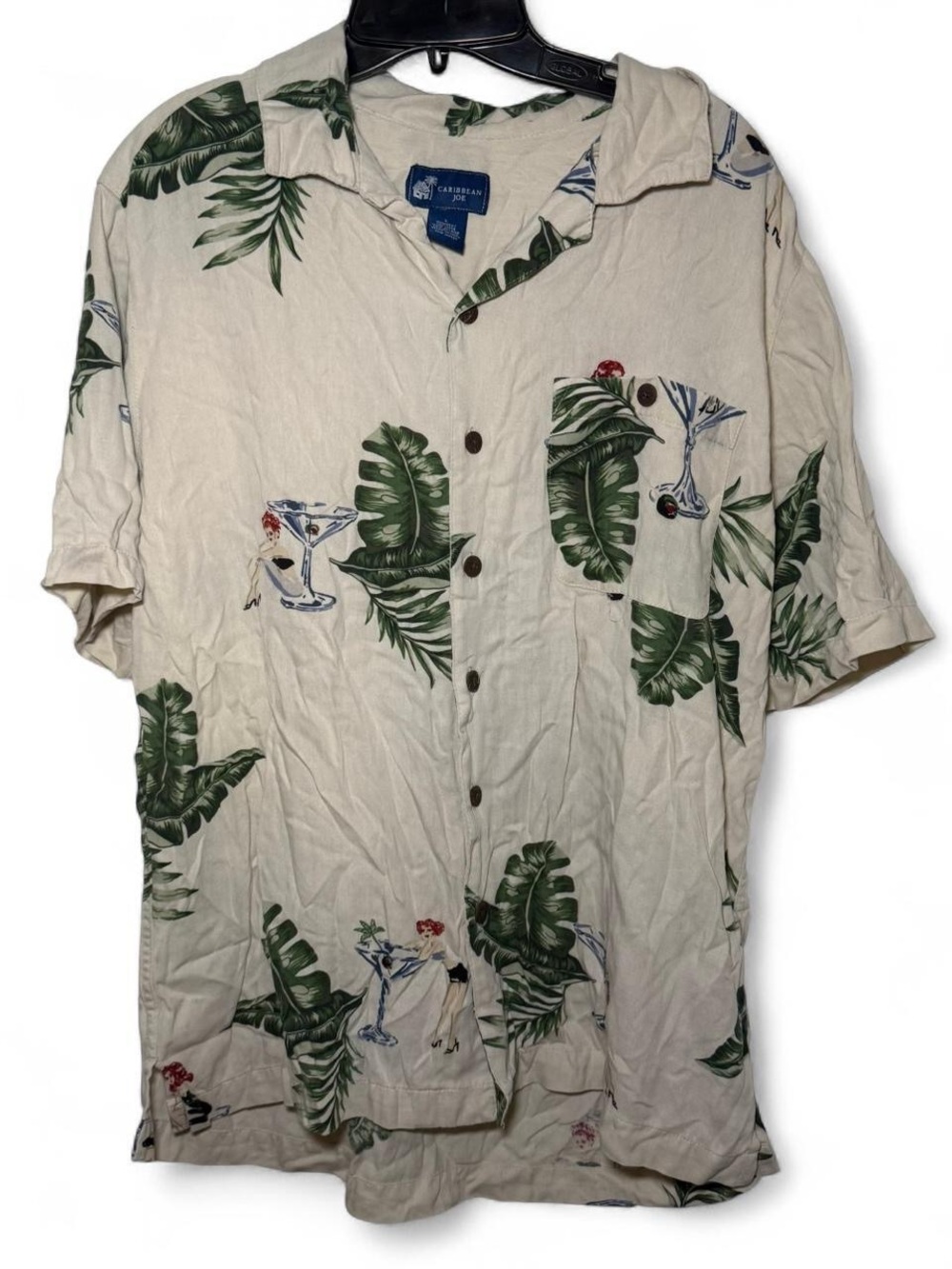 Caribbean Joe Beige Camp Shirt with Green Tropical Leaf & Cocktail Print